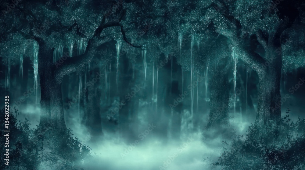 Fototapeta premium Misty, dark forest at night
