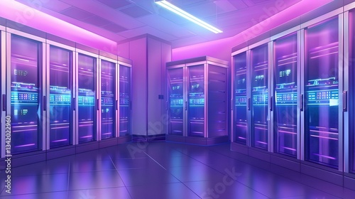 Neon-lit server room interior. Futuristic data center with glowing racks and sleek design. Perfect for tech, gaming, and cyberpunk themes.