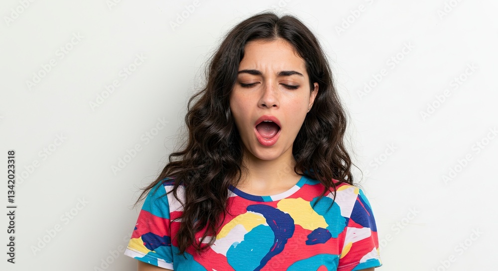 Woman Yawning with Mouth Open Eyes Closed Against White Background Woman Yawning with Mouth Open Eyes Closed Against White Background