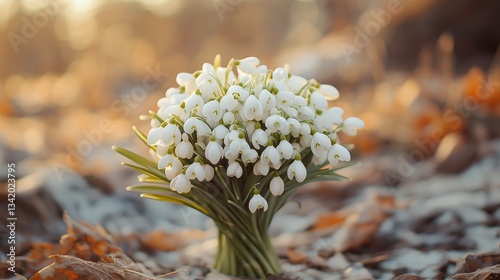 A delicate bouquet of white snowdrop flowers blooming amidst fallen leaves, illuminated by warm golden sunlight.