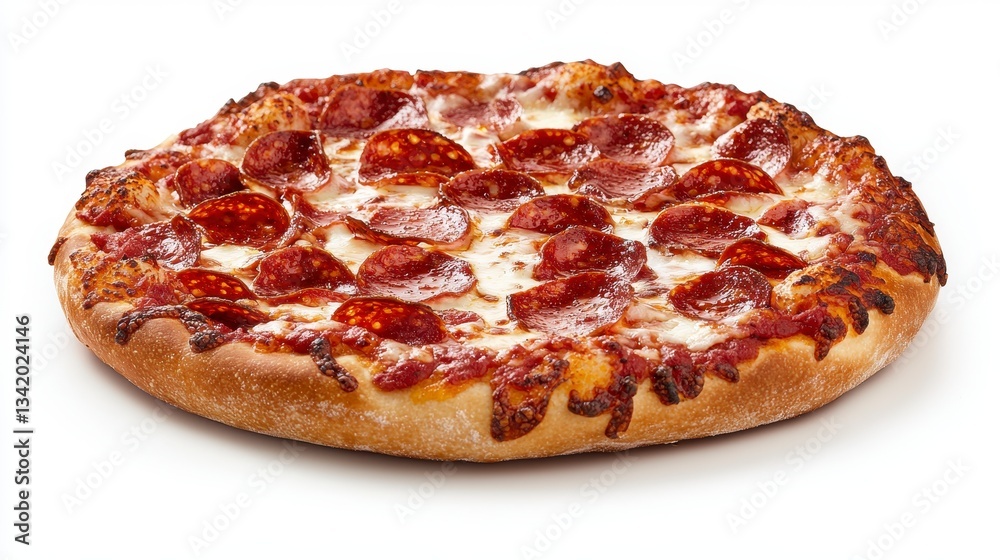 Round Pepperoni Pizza with Melted Cheese on White Background Round Pepperoni Pizza with Melted Cheese on White Background