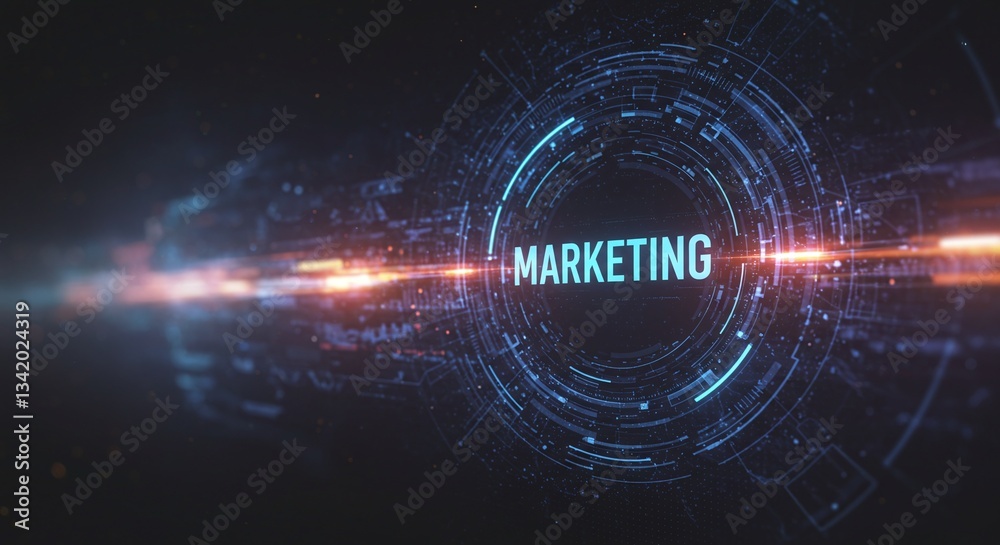 Digital Marketing Visualization: A futuristic digital display illuminates the word Digital Marketing Visualization: A futuristic digital display illuminates the word