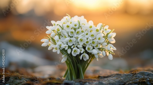 A beautiful bouquet of white snowdrop flowers blooming in nature, bathed in warm golden sunlight at sunrise.