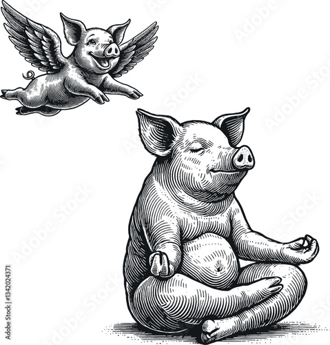 funny set pig meditating in lotus position and pig with wings flying style engraving vector