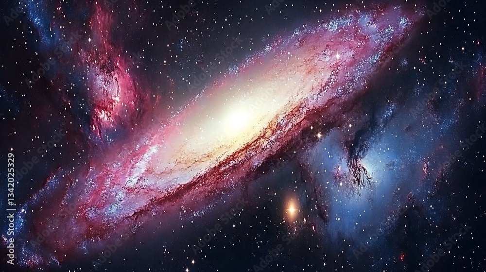 Obraz premium A spiral galaxy exhibits beautiful colors with numerous celestial bodies visible