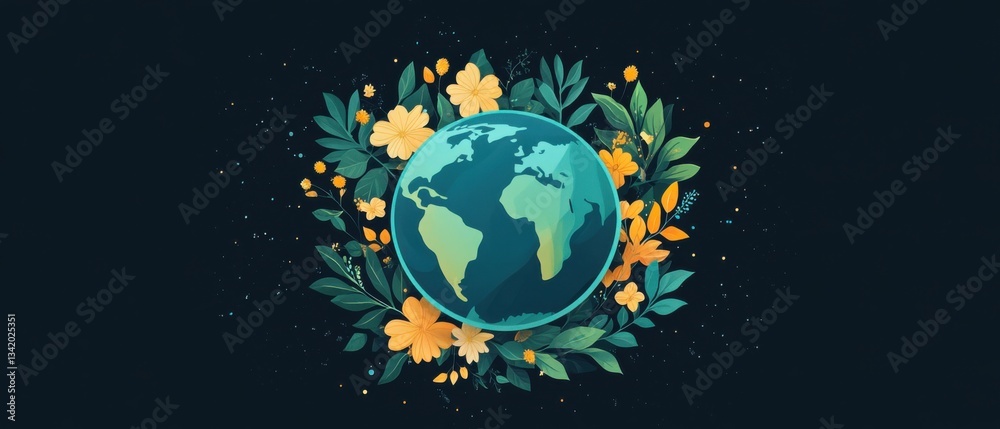 Naklejka premium Illustrated Earth globe surrounded by floral wreath on dark background Concept of environmental awareness, nature conservation, and global sustainability
