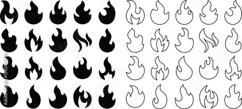 Fire icon in flat style set. Fire flame symbol isolated on transparent background