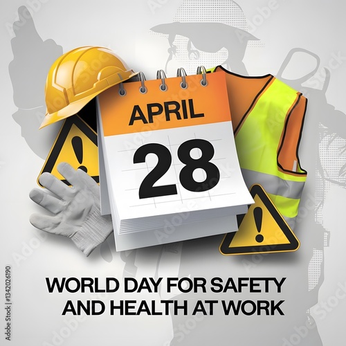 World Day for Safety and Health at Work Illustration with Safety Gear, Hard Hat, and Gloves, April 28 Awareness