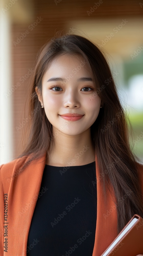 Confident Asian Businesswoman Ready for Meeting with Notebook - Professional and Approachable Stance, Copy Space for Text Elements Confident Asian Businesswoman Ready for Meeting with Notebook - Professional and Approachable Stance, Copy Space for Text Elements