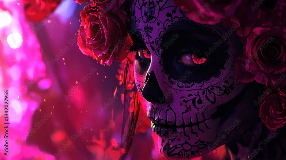 Fototapeta premium Día de los Muertos 3D render style background, vibrant and festive, featuring colorful elements and decorative sugar skull motifs, perfect for holiday, cultural, and celebration illustrations.