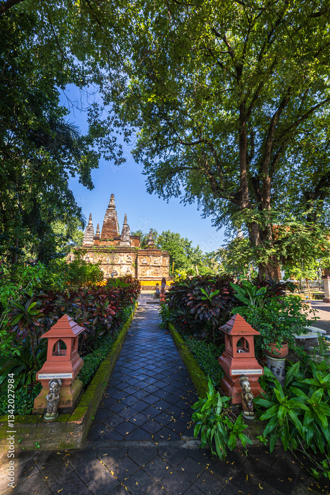 Wat Chet Yot or Wat Photharam Maha Wihan, seven pagoda temple It is a major tourist attraction in Chiang Mai, Thailand.with evening,Temple in Chiang Mai.