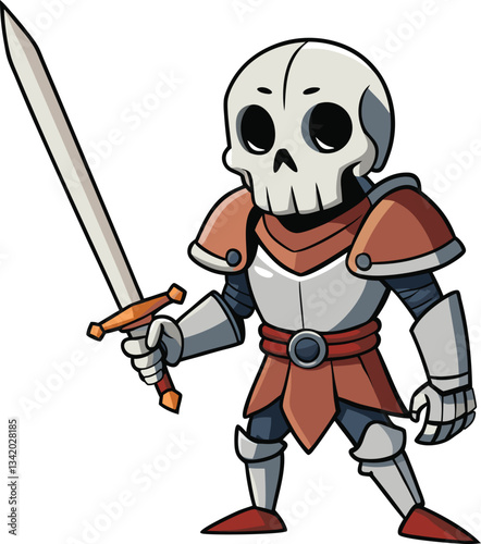 Skeletal warrior, clad in detailed armor, poised with a gleaming sword