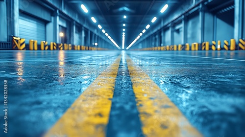 Wet Industrial Corridor with Reflective Floor and Bright Lighting