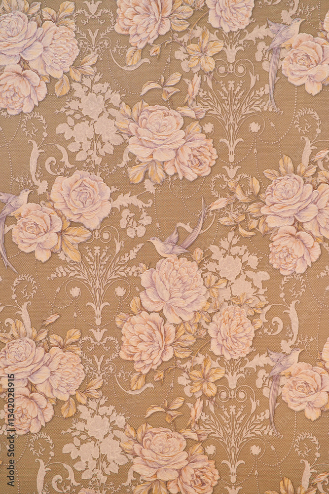 Fototapeta premium Tapestry brown wallpaper with floral patterns on the wall