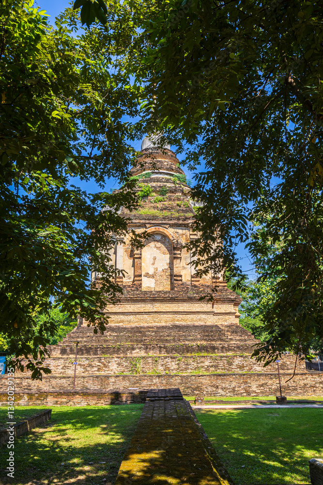 Wat Chet Yot or Wat Photharam Maha Wihan, seven pagoda temple It is a major tourist attraction in Chiang Mai, Thailand.with evening,Temple in Chiang Mai.