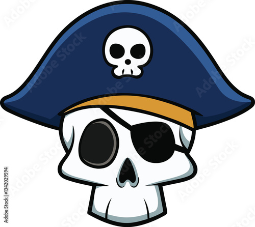 pirate skull, complete with a tricorn hat adorned with a skull and crossbones and an eye patch, ready for adventure.
