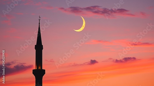 Crescent Moon Over Minaret at Sunset
