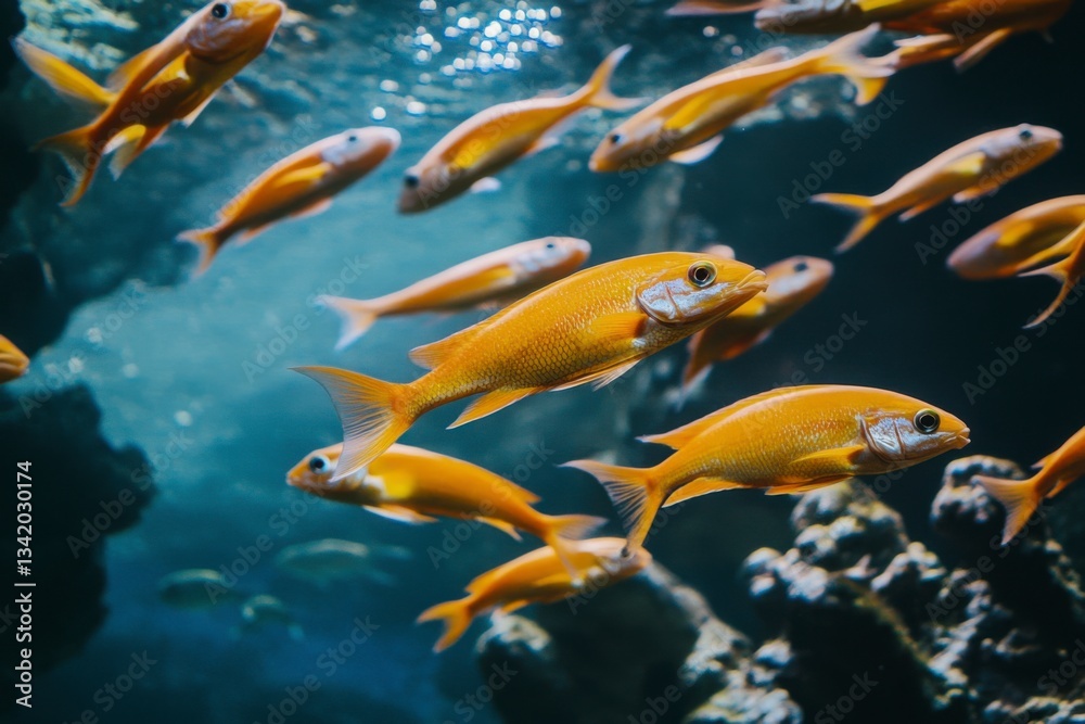 Naklejka premium Underwater photography of a school of fish in the ocean, golden and red fish swimming together in blue water