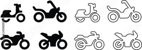 motorcycle and motorbike icon in flat, line set isolated on transparent background