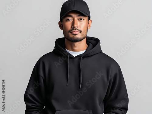 A man wearing a black hoodie and a baseball cap