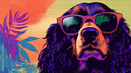 A vibrant pop-art style digital illustration of a Cocker Spaniel wearing sunglasses, featuring bold colors, tropical vibes, and a stylish, modern artistic flair