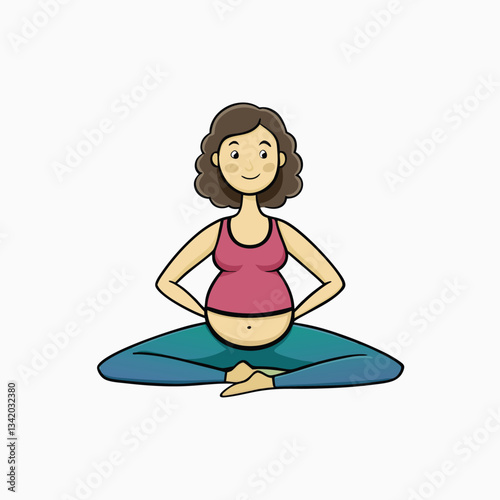 Pregnant woman doing yoga on a mat. Young pregnant girl doing sport at home. Prenatal yoga exercise. Flat vector illustration.