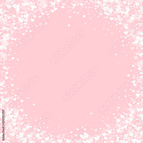 Valentine hearts, flying, falling down, floating. White hearts scattered on pink background. Lovable valentine hearts vector illustration.