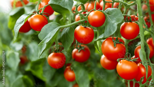 Vibrant red cherry tomatoes hanging on a lush green vine in a garden. Perfect for organic farming, fresh produce, and healthy eating themes.  
