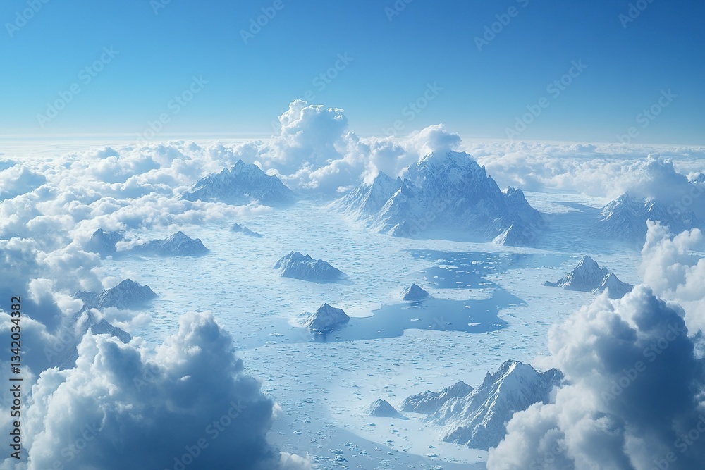 Fototapeta premium Aerial view of ice mountains poking through clouds bathed in clear blue sky above