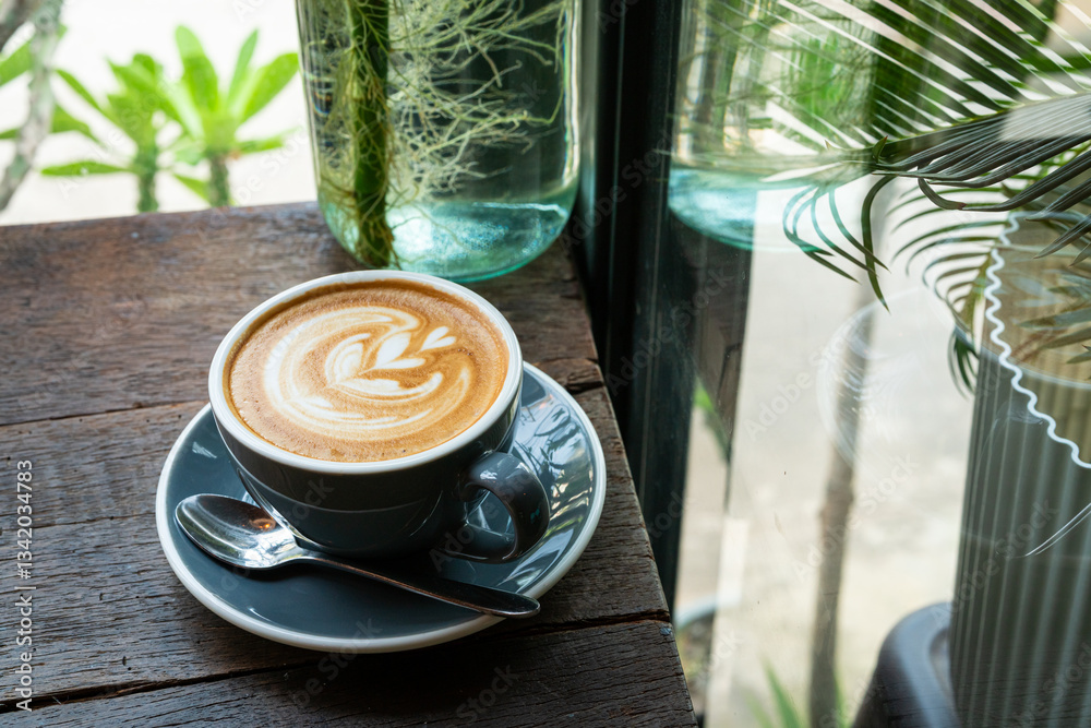 Hot coffee latte with latte art milk foam in cup mug on wood desk on top view. As breakfast In a coffee shop at the cafe,during business work concept,vintage style