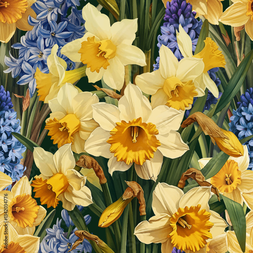 Seamless vector pattern with daffodil and hyacinth flowers isolated on a changeable background. Vintage painting style illustration.