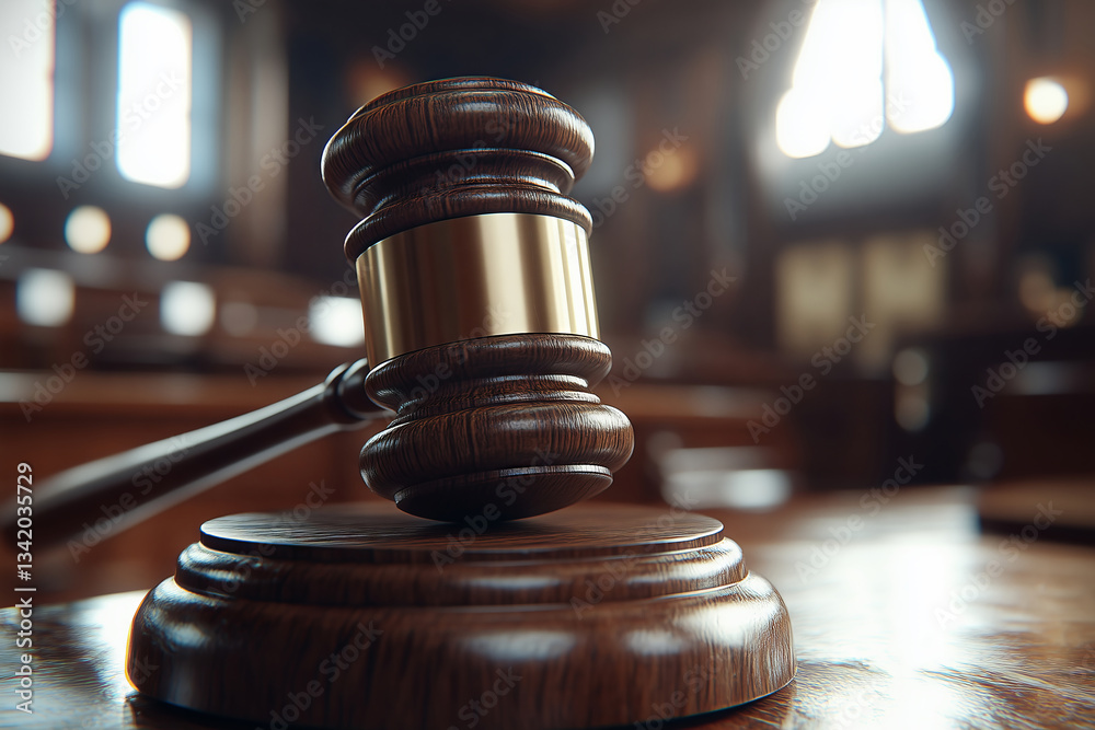 Judges gavel resting on a wooden table in a courtroom setting Judges gavel resting on a wooden table in a courtroom setting