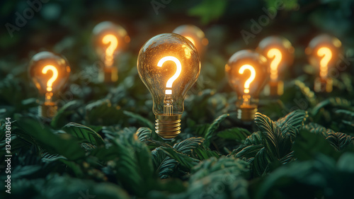 Light bulbs with question marks symbolize problem solving amid green foliage photo