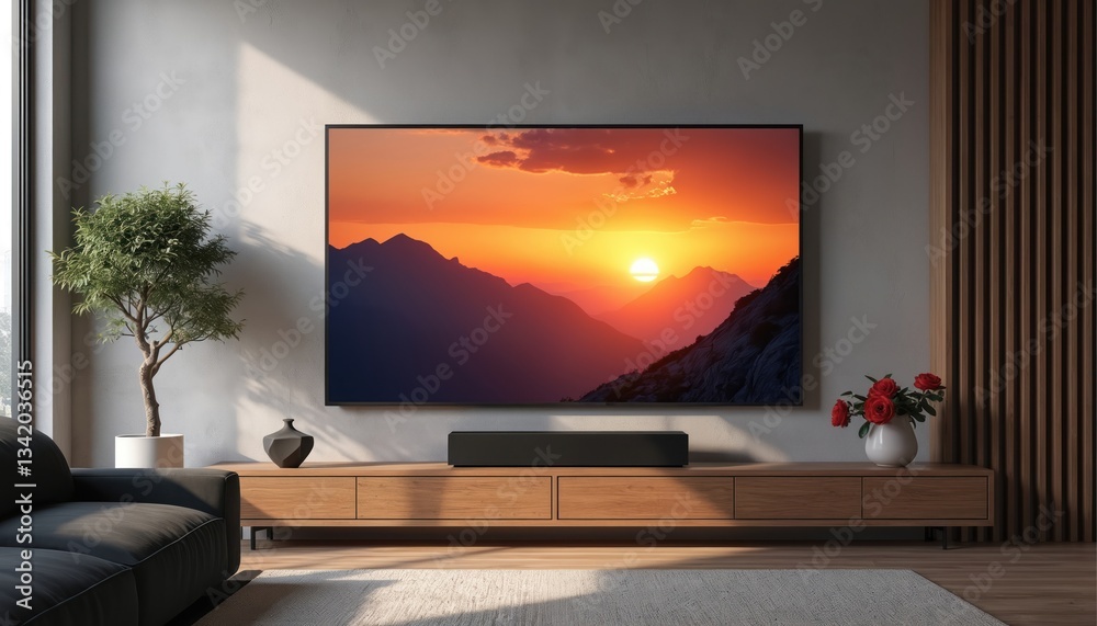 Fototapeta premium Modern living room setup with wall mounted OLED TV, soundbar. Screen displays captivating mountainscape, vibrant sunset sky. Interior design with furniture, sofa, table, plant, lighting, minimalist