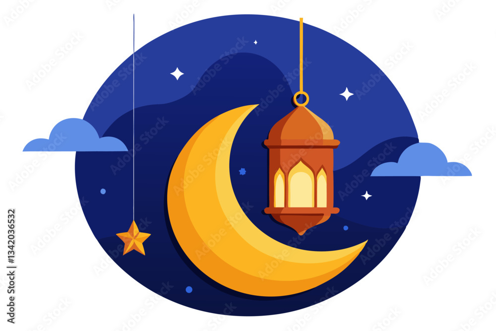 Artistic Crescent Moon and Traditional Lantern for Ramadan and Eid Celebrations Night, Flat Style