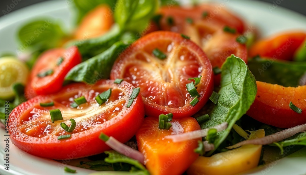 Fresh vegetable salad with tomatoes and greens on a plate for healthy eating concept Fresh vegetable salad with tomatoes and greens on a plate for healthy eating concept