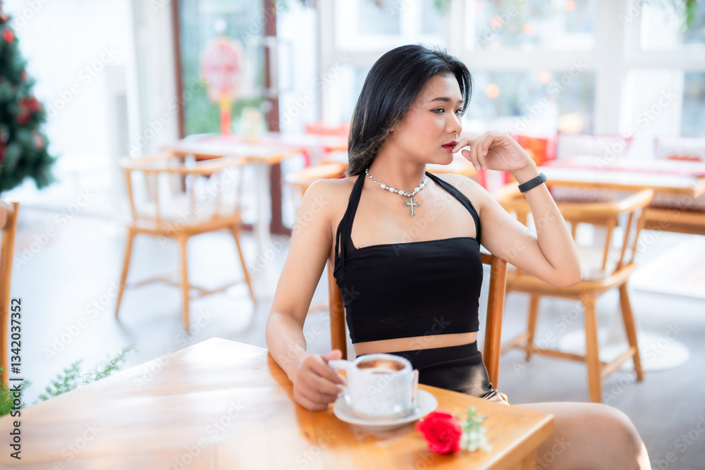 valentine's day, Portrait beautiful asian people woman fashion model in summer Black dress and coffee in cup holding bouquet of red roses in the living room inside or cafe