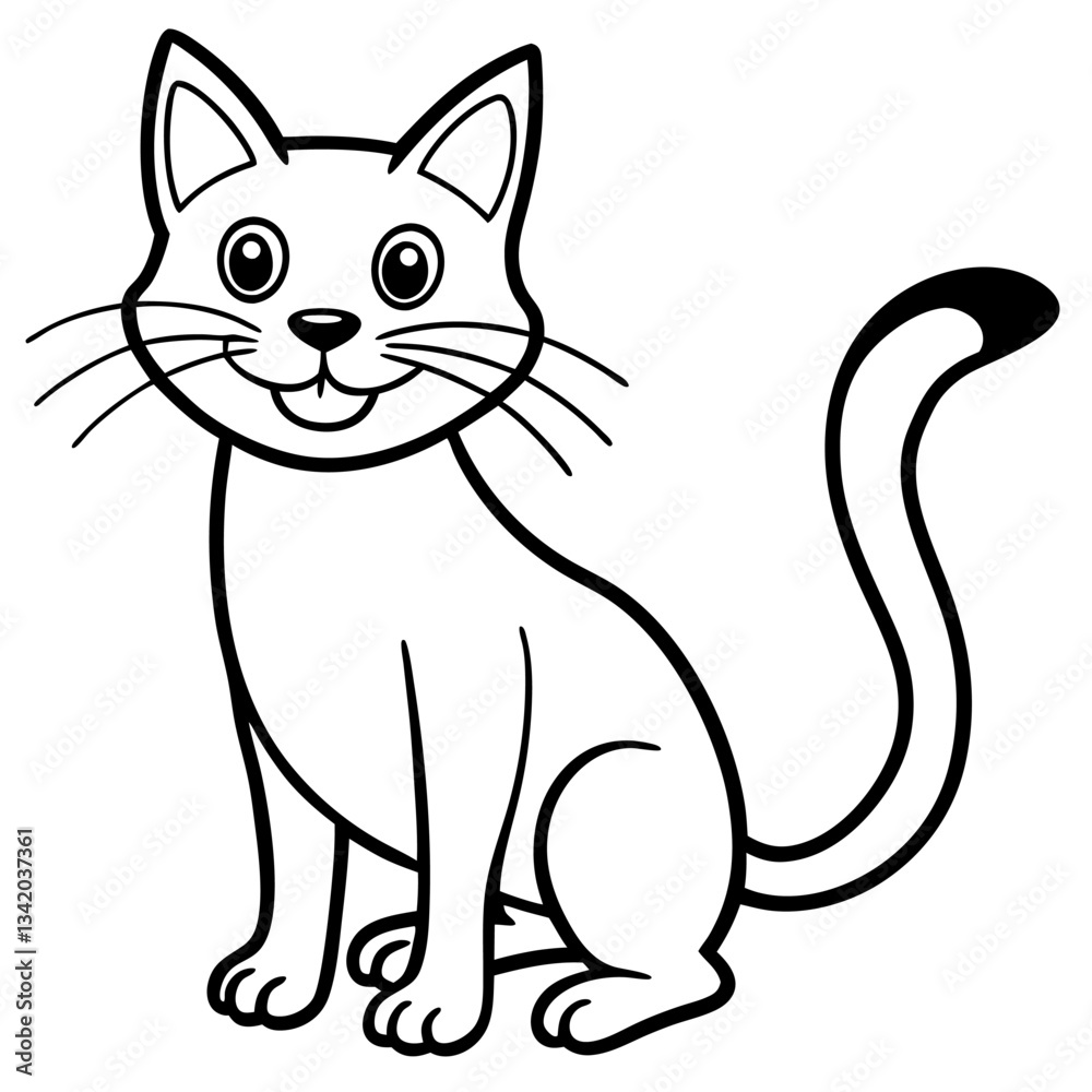 Cartoon Cat Cute Smiling Feline Black and White Outline for Coloring Pages, Kids' Art, and Animal Designs Cartoon Cat Cute Smiling Feline Black and White Outline for Coloring Pages, Kids' Art, and Animal Designs