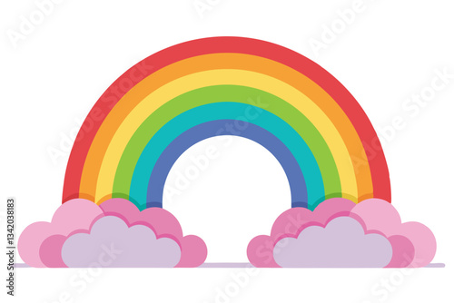 Cartoon Rainbow with Clouds Illustration, Colorful Arc and Pink Cloudscape Design on White Background, Fantasy Weather