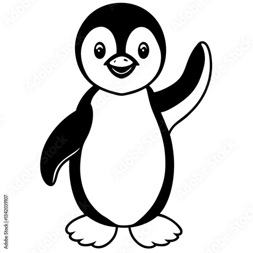 Cheerful Cartoon Penguin Waving Illustration, Black and White Line Art, Isolated, Cute Character for Kids