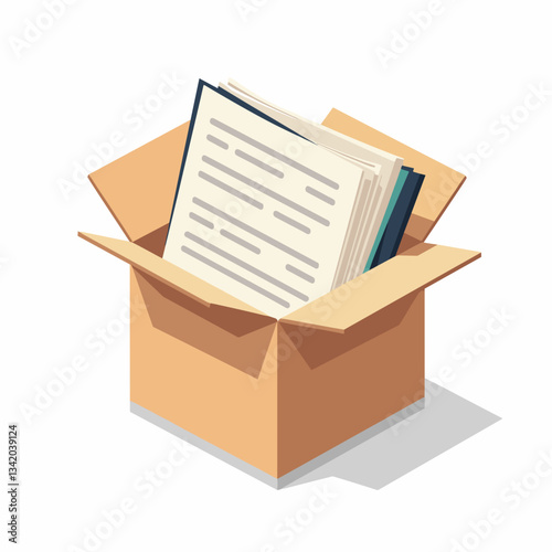 Open cardboard box with documents inside, organization and storage