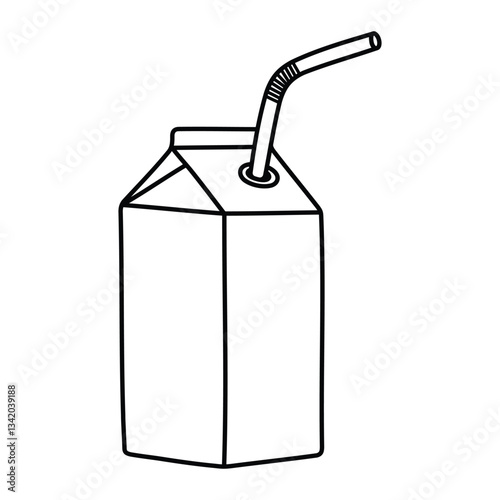 Juice box with straw vector illustration. Hand-drawn drink carton for beverages in doodle style. Black line art isolated on white background.