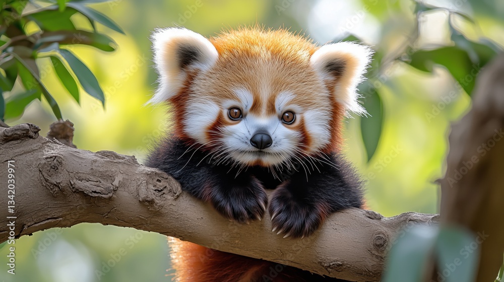 Obraz premium Red panda resting on a tree branch in a lush, green forest environment during a sunny day, showcasing its playful nature and vibrant fur colors