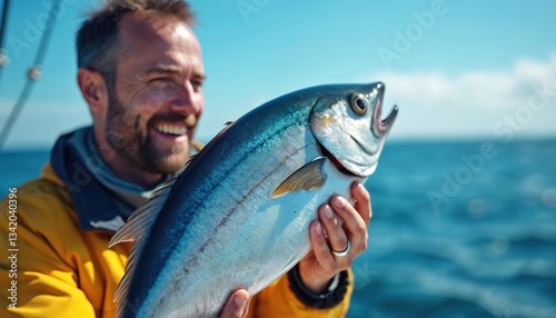Close-up of happy fisherman holding fresh caught tuna at sea. Smiling man in yellow jacket holds big fish against blue sky. Angler enjoys summer time, sport fishing trip.