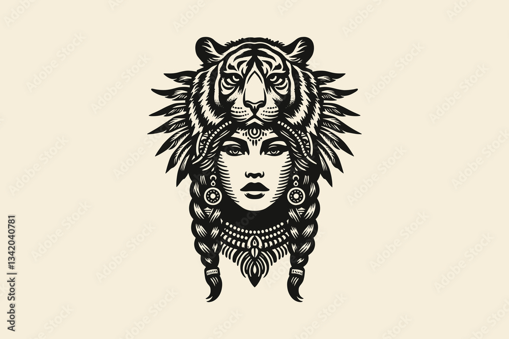 Obraz premium Engraved woman with tiger headdress, tribal jewelry, and braids