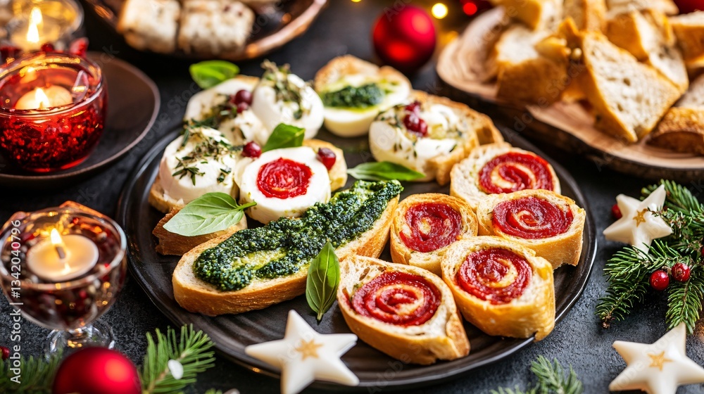 Christmas-themed mozzarella platter with red and green basil pesto swirls, served with star-shaped crostini Christmas-themed mozzarella platter with red and green basil pesto swirls, served with star-shaped crostini