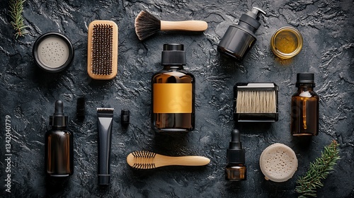 Men's grooming products flat lay, dark background