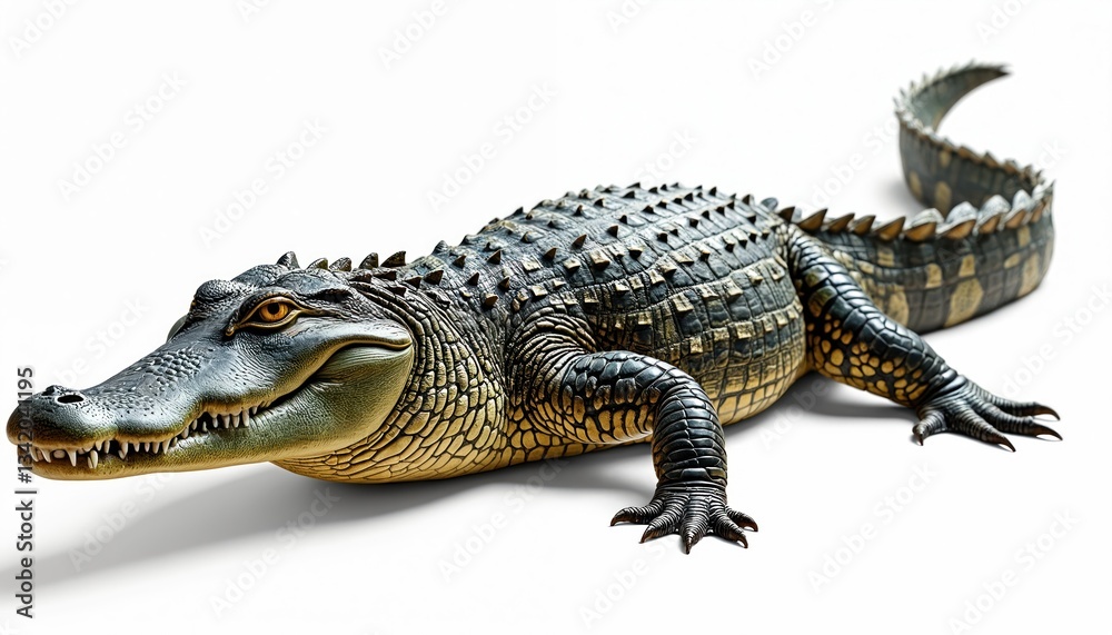 Obraz premium Full body photorealistic illustration of American alligator. Wildlife animal reptile predator carnivore swamp wetland nature cutout isolated. Detailed dangerous scarey powerful strong crocodile