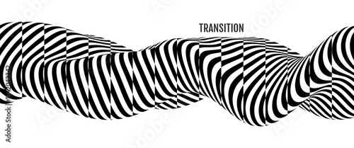 Black and white pattern. Optical illusion dynamic pattern with displacement from multiple sliced lines. Abstract striped background. 3D vector for cover, interior design or print.