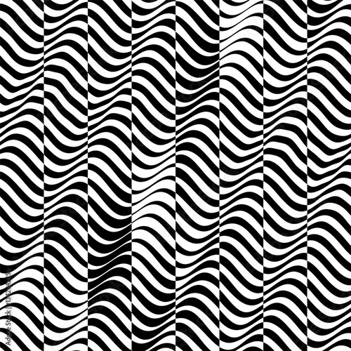 3D wavy pattern with optical illusion. Glitch abstract background. Distortion effect, bug and error. Black and white design. Vector for brochure, poster, presentation, cover, flyer or banner.